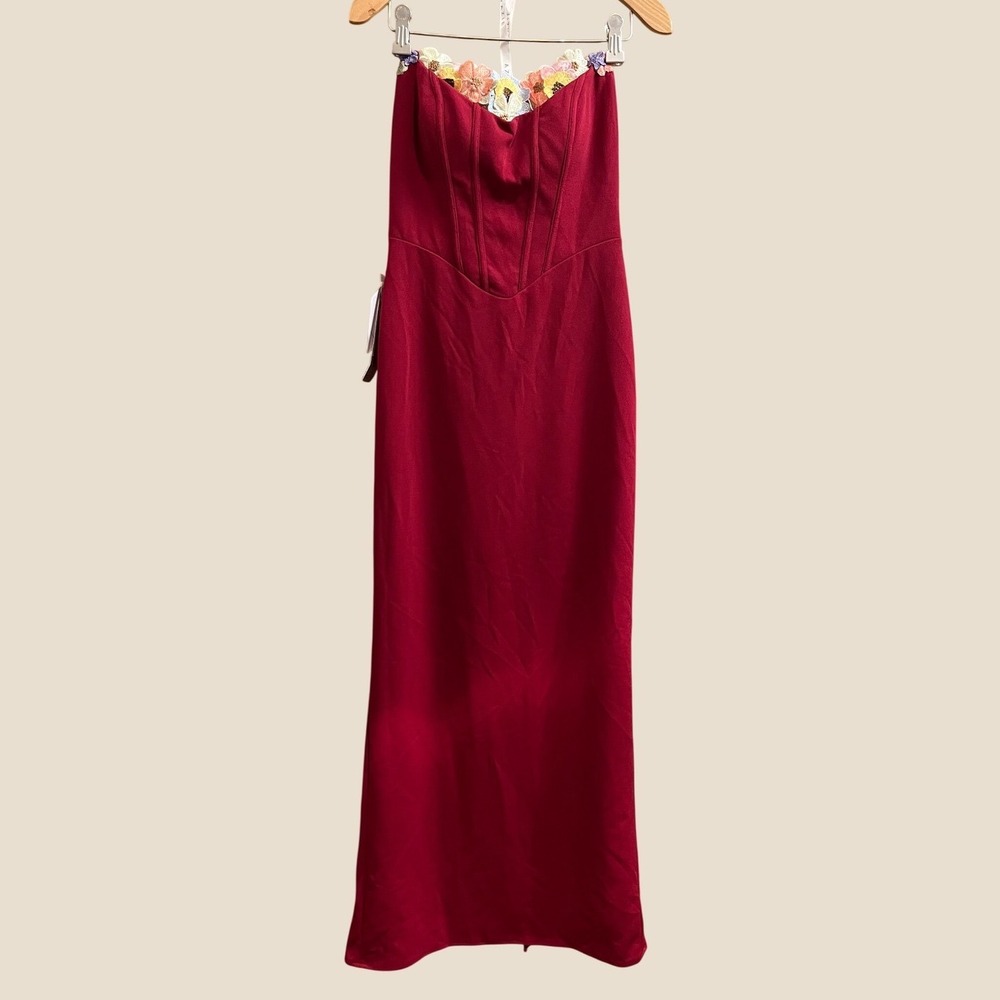 Azazie Atelier Liliah Gown Womens 2 Merlot Red Strapless Floral Corset Dress